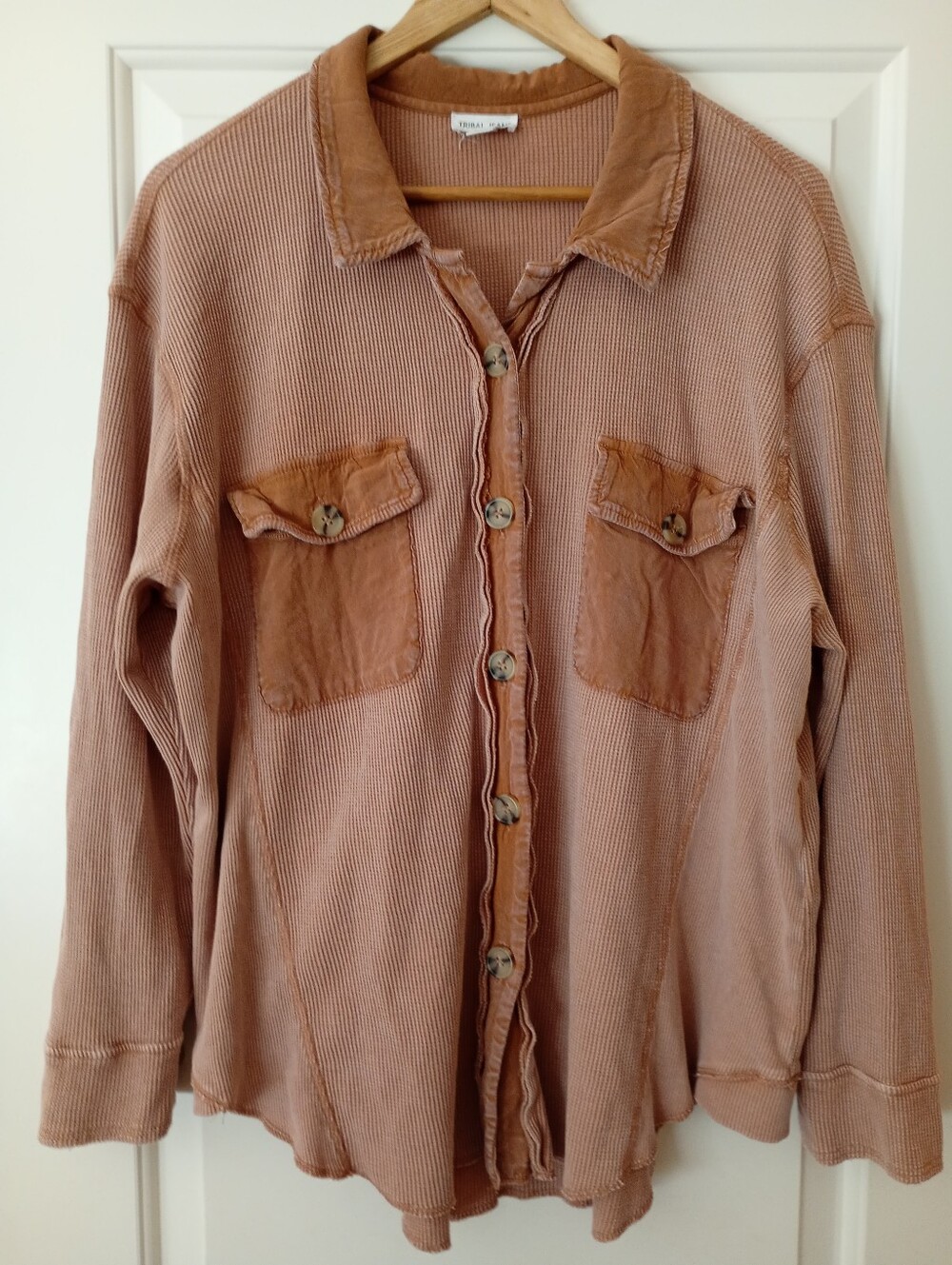 Tribal Jeans | Distressed Waffle Knit Light Brown Button Shirt | XL